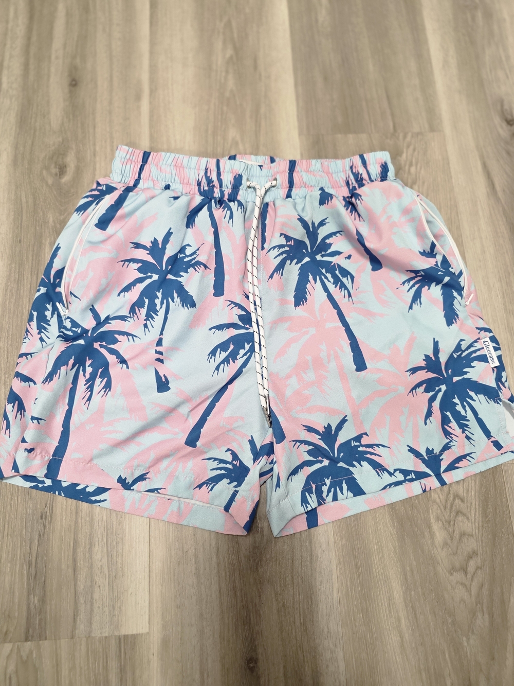 Palm Tree Print Swim Shorts - Pink, Light Blue & Navy